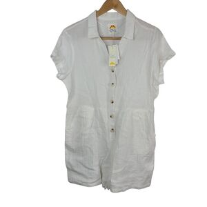 C & C California White gauzy button-up romper with pockets size large